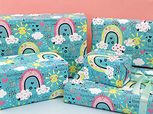 Birthday Wrapping Paper For Kids Girls Boys, I Love Sunshine Rainbow Design Gift Wrap Paper for Birthday Baby Shower Children's Day, 4 Sheets Folded Flat 20x28 Inches Per Sheet