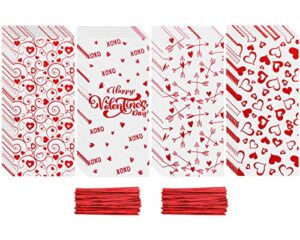 jozon 200 pieces valentine’s day cellophane candy bags with twist ties 4 styles valentines day cellophane treat bags cello candy bags cookie bags goodie bags for valentines party favor supplies