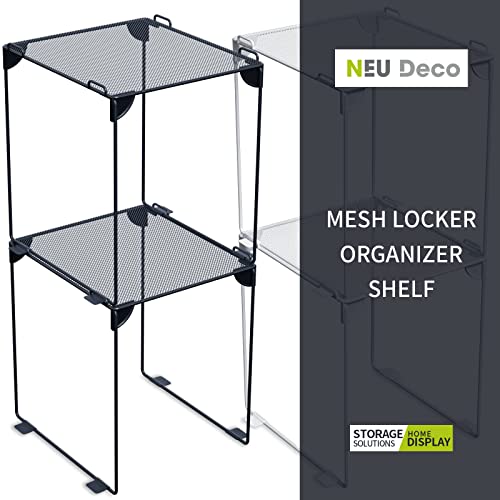 Neudeco Pack 2, Mesh Locker Shelf, Stackable Extra Tall Locker Organizer, Collapsible and Metal Build, Fits Standard Size School Locker, Suitable for Work, Kitchen, Bathroom (Grey)