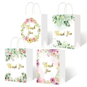 ourwarm 24 pack thank you gift bags medium size with gold foil, floral design white paper bags with handles bulk, thank you bags for wedding bridal party baby shower birthday gift bags, 8 x 4 x 10 in