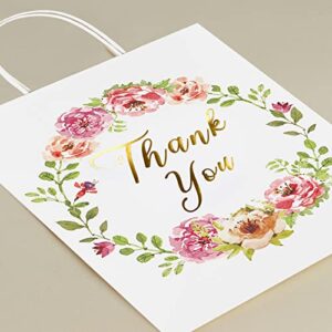 OurWarm 24 Pack Thank You Gift Bags Medium Size with Gold Foil, Floral Design White Paper Bags with Handles Bulk, Thank You Bags for Wedding Bridal Party Baby Shower Birthday Gift Bags, 8 X 4 X 10 IN