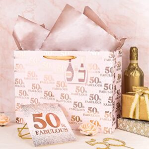 LeZakaa 16" Large Gift Bag with Tissue Paper, Gift Tag and Card,50 & Fabulous Lettering with Metallic Gold Foil on Pink for Anniversary, Birthday