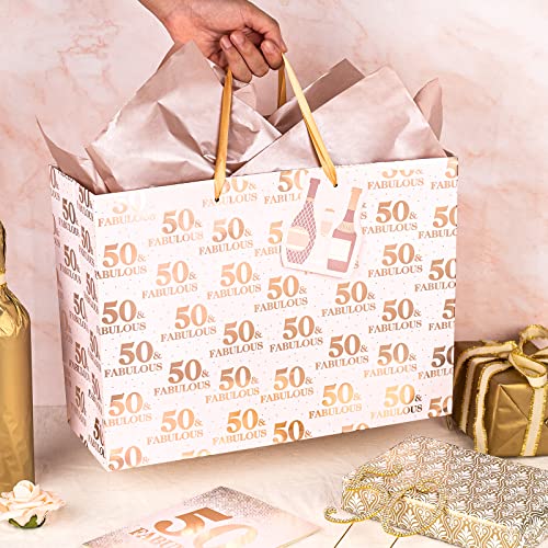 LeZakaa 16" Large Gift Bag with Tissue Paper, Gift Tag and Card,50 & Fabulous Lettering with Metallic Gold Foil on Pink for Anniversary, Birthday