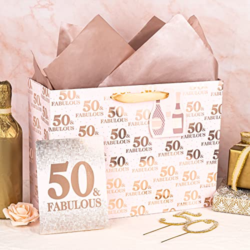 LeZakaa 16" Large Gift Bag with Tissue Paper, Gift Tag and Card,50 & Fabulous Lettering with Metallic Gold Foil on Pink for Anniversary, Birthday