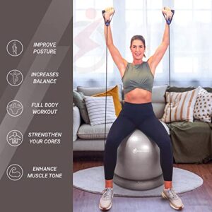 INTENT SPORTS Yoga Ball Chair – Stability Ball with Inflatable Stability Base & Resistance Bands, Fitness Ball for Home Gym, Office, Improves Back Pain, Core, Posture & Balance (65 cm) (Gray)