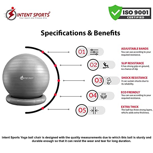 INTENT SPORTS Yoga Ball Chair – Stability Ball with Inflatable Stability Base & Resistance Bands, Fitness Ball for Home Gym, Office, Improves Back Pain, Core, Posture & Balance (65 cm) (Gray)