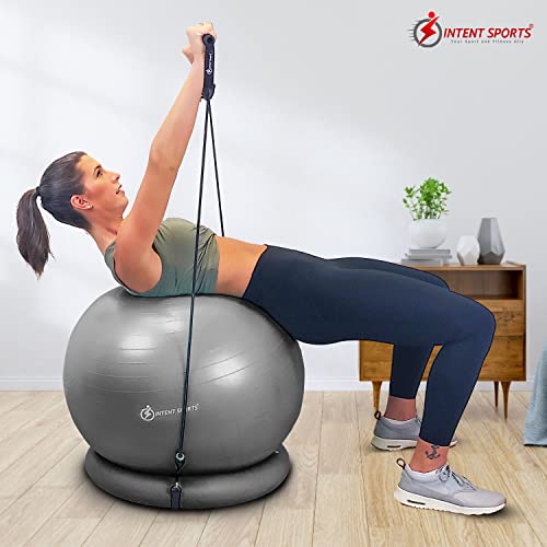 INTENT SPORTS Yoga Ball Chair – Stability Ball with Inflatable Stability Base & Resistance Bands, Fitness Ball for Home Gym, Office, Improves Back Pain, Core, Posture & Balance (65 cm) (Gray)