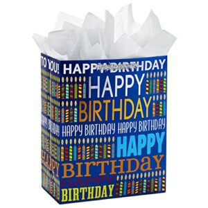Hallmark 13" Large Birthday Gift Bag with Tissue Paper (Blue Happy Birthday, Multicolored Candles)