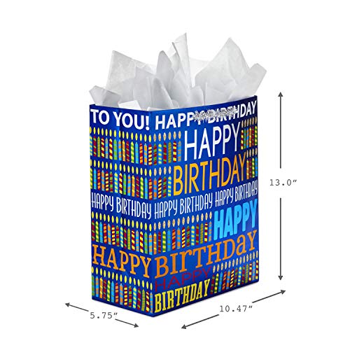 Hallmark 13" Large Birthday Gift Bag with Tissue Paper (Blue Happy Birthday, Multicolored Candles)