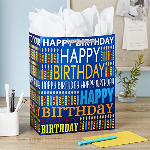 Hallmark 13" Large Birthday Gift Bag with Tissue Paper (Blue Happy Birthday, Multicolored Candles)