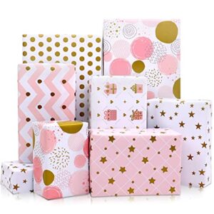 mamunu gift wrapping paper for girl women, 12 sheets metallic gold foil and pink wrapping paper, gift wrapping paper sheets for birthday, valentines day, wedding, baby shower, 28x20inch