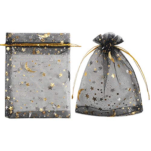 LOAVER 3.5x4.7 Inches Heart Printed Orchid Organza Bags Candy Gift Bags-100Pieces (Stars and Moon Black Bag)