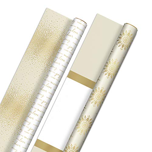 Hallmark Reversible White and Gold Wrapping Paper - Bulk (2 Jumbo Rolls: 160 sq. ft. ttl) "Share the Joy, Cheer, Merry, Love," Stripes, Dots, Snowflakes for Christmas Hanukkah, Weddings, Graduations