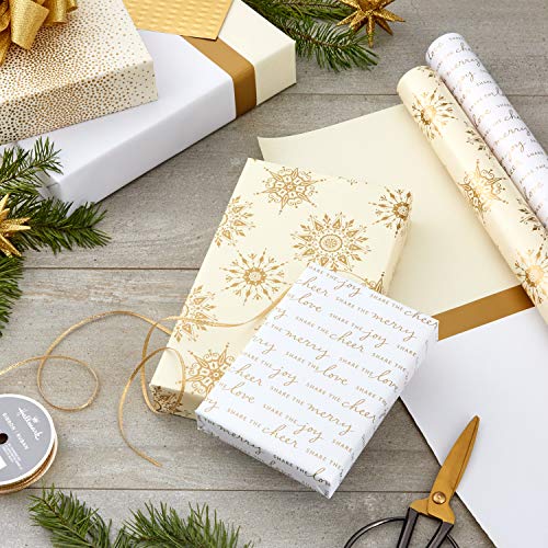 Hallmark Reversible White and Gold Wrapping Paper - Bulk (2 Jumbo Rolls: 160 sq. ft. ttl) "Share the Joy, Cheer, Merry, Love," Stripes, Dots, Snowflakes for Christmas Hanukkah, Weddings, Graduations