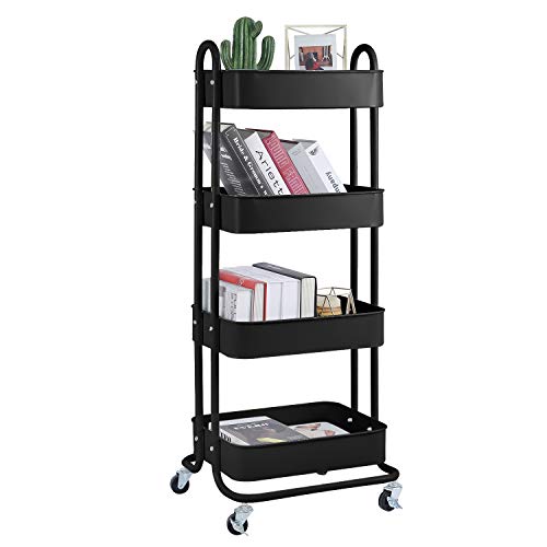 4-Tier Metal Mesh Utility Rolling Cart Storage Organizer Shelf Rack with Lockable Wheels for Living Room Kitchen Office, Black