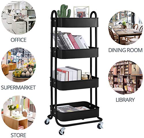 4-Tier Metal Mesh Utility Rolling Cart Storage Organizer Shelf Rack with Lockable Wheels for Living Room Kitchen Office, Black