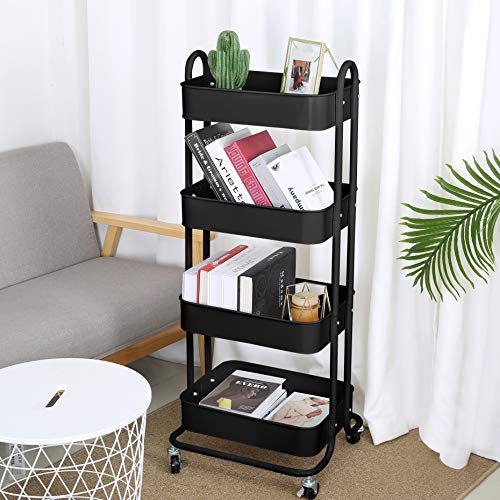 4-Tier Metal Mesh Utility Rolling Cart Storage Organizer Shelf Rack with Lockable Wheels for Living Room Kitchen Office, Black