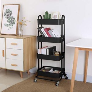 4-Tier Metal Mesh Utility Rolling Cart Storage Organizer Shelf Rack with Lockable Wheels for Living Room Kitchen Office, Black