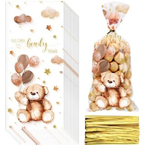 maitys 100 pieces bear treats bags baby shower party treats cellophane bags plastic goodie candy bags with 100 gold twist ties back to school baby shower bags for boys baby shower favors(cute style)