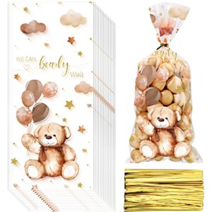 Maitys 100 Pieces Bear Treats Bags Baby Shower Party Treats Cellophane Bags Plastic Goodie Candy Bags with 100 Gold Twist Ties Back to School Baby Shower Bags for Boys Baby Shower Favors(Cute Style)