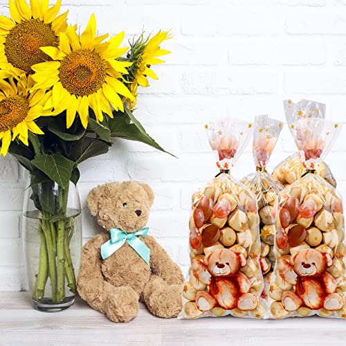 Maitys 100 Pieces Bear Treats Bags Baby Shower Party Treats Cellophane Bags Plastic Goodie Candy Bags with 100 Gold Twist Ties Back to School Baby Shower Bags for Boys Baby Shower Favors(Cute Style)