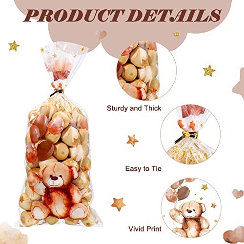 Maitys 100 Pieces Bear Treats Bags Baby Shower Party Treats Cellophane Bags Plastic Goodie Candy Bags with 100 Gold Twist Ties Back to School Baby Shower Bags for Boys Baby Shower Favors(Cute Style)