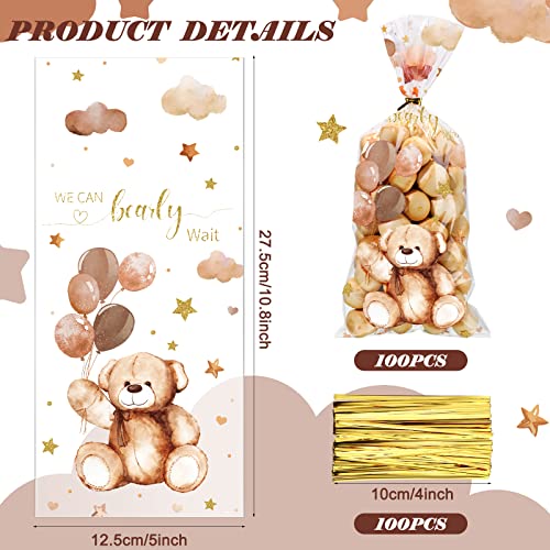 Maitys 100 Pieces Bear Treats Bags Baby Shower Party Treats Cellophane Bags Plastic Goodie Candy Bags with 100 Gold Twist Ties Back to School Baby Shower Bags for Boys Baby Shower Favors(Cute Style)