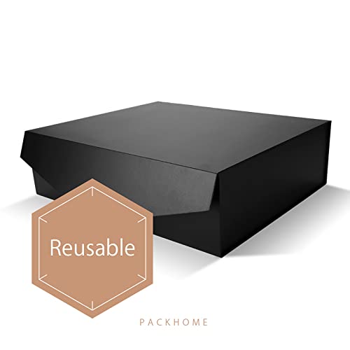 PACKHOME 16.3x14.2x5 Inches, Extra Large Gift Box with Lid, Gift Box for Clothes and Large Gifts (Matte Black with Grain Texture)