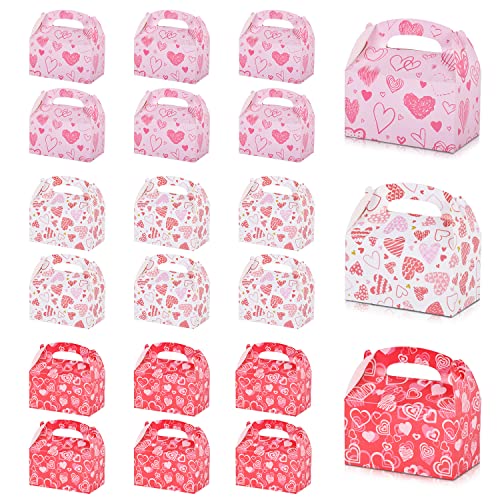 Gatherfun 24 Pieces Valentine's Day Hot Pink Heart Love Treat Box Candy Boxes Goodies Boxes Cardboard Present Boxes with Handles for Birthday Party Anniversary Favors, 6 x 3.5 x 3.5 Inches, 3 Designs