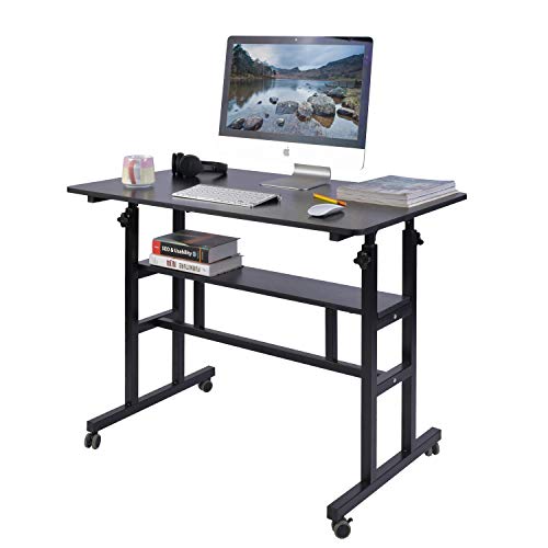 AIZ Mobile Standing Desk, Adjustable Computer Desk Rolling Laptop Cart on Wheels Home Office Computer Workstation, Portable Laptop Stand Tall Table for Standing or Sitting, Black, 39.4" x 23.6"