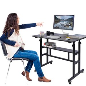 AIZ Mobile Standing Desk, Adjustable Computer Desk Rolling Laptop Cart on Wheels Home Office Computer Workstation, Portable Laptop Stand Tall Table for Standing or Sitting, Black, 39.4" x 23.6"