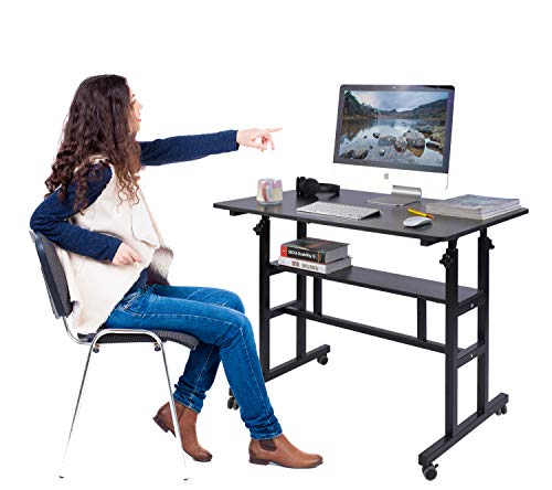 AIZ Mobile Standing Desk, Adjustable Computer Desk Rolling Laptop Cart on Wheels Home Office Computer Workstation, Portable Laptop Stand Tall Table for Standing or Sitting, Black, 39.4" x 23.6"