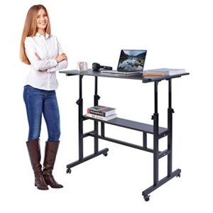 AIZ Mobile Standing Desk, Adjustable Computer Desk Rolling Laptop Cart on Wheels Home Office Computer Workstation, Portable Laptop Stand Tall Table for Standing or Sitting, Black, 39.4" x 23.6"