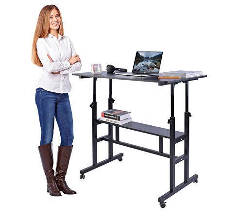 AIZ Mobile Standing Desk, Adjustable Computer Desk Rolling Laptop Cart on Wheels Home Office Computer Workstation, Portable Laptop Stand Tall Table for Standing or Sitting, Black, 39.4" x 23.6"