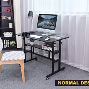 AIZ Mobile Standing Desk, Adjustable Computer Desk Rolling Laptop Cart on Wheels Home Office Computer Workstation, Portable Laptop Stand Tall Table for Standing or Sitting, Black, 39.4" x 23.6"