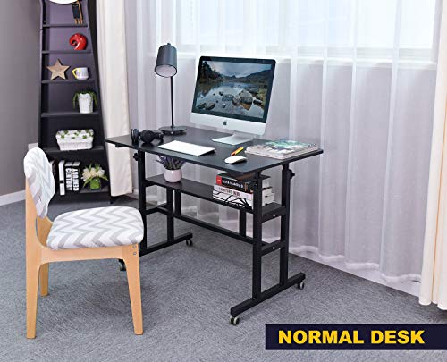 AIZ Mobile Standing Desk, Adjustable Computer Desk Rolling Laptop Cart on Wheels Home Office Computer Workstation, Portable Laptop Stand Tall Table for Standing or Sitting, Black, 39.4" x 23.6"
