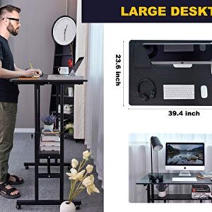 AIZ Mobile Standing Desk, Adjustable Computer Desk Rolling Laptop Cart on Wheels Home Office Computer Workstation, Portable Laptop Stand Tall Table for Standing or Sitting, Black, 39.4" x 23.6"