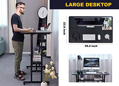 AIZ Mobile Standing Desk, Adjustable Computer Desk Rolling Laptop Cart on Wheels Home Office Computer Workstation, Portable Laptop Stand Tall Table for Standing or Sitting, Black, 39.4" x 23.6"