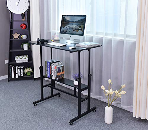 AIZ Mobile Standing Desk, Adjustable Computer Desk Rolling Laptop Cart on Wheels Home Office Computer Workstation, Portable Laptop Stand Tall Table for Standing or Sitting, Black, 39.4" x 23.6"