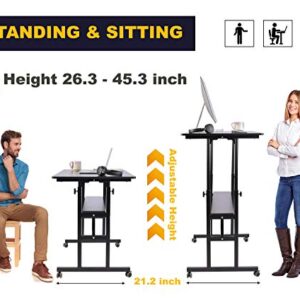 AIZ Mobile Standing Desk, Adjustable Computer Desk Rolling Laptop Cart on Wheels Home Office Computer Workstation, Portable Laptop Stand Tall Table for Standing or Sitting, Black, 39.4" x 23.6"