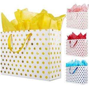 plauthus 16″ extra large gift bags for presents with tissue paper for birthday party and baby shower (4 packs, gold, rose gold, blue, red metallic dots)