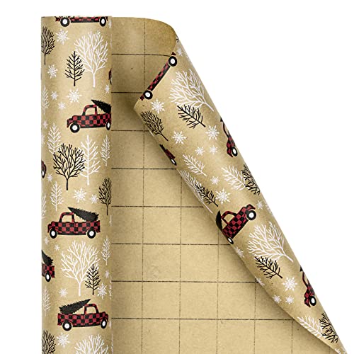 RUSPEPA Kraft Christmas Wrapping Paper Roll - Red Car Design for Holiday Gift Wrap - 17 Inches X 32.8 Feet