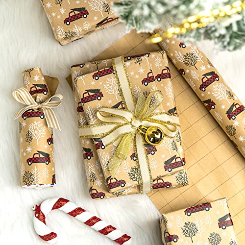 RUSPEPA Kraft Christmas Wrapping Paper Roll - Red Car Design for Holiday Gift Wrap - 17 Inches X 32.8 Feet