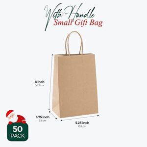 Paper Gift Bags 5.25x3.75x8" 50Pcs, Metronic Christmas Gift Wrap Bags with Handles, Brown Kraft Paper Bags for Small Business, Heavy Duty Bulk Paper Bags for Birthday Party Favors, Shopping, Retail, Merchandise