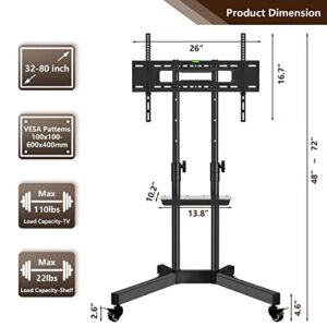 Mobile TV Stand with Wheels for 32-80 Inch LCD LED 4K Flat Screens with Wheels - Height Adjustable TV Cart Rolling TV Stand with Laptop Shelf, Outdoor TV Stand - Max VESA 600x400, Black