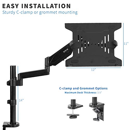 VIVO Universal Adjustable 10 to 15.6 inch Laptop Holder Desk Mount, Single Pneumatic Arm VESA Notebook Stand with C-clamp and Grommet Options, Black, STAND-V101L