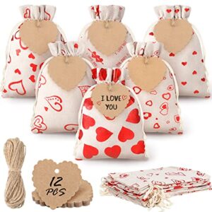 valentine’s day burlap bags, heart burlap drawstring bags, 5 x7 inch heart canvas muslin bags with kraft paper tags, candy burlap drawstring bags for valentines diy craft wedding party favor (12 pack)