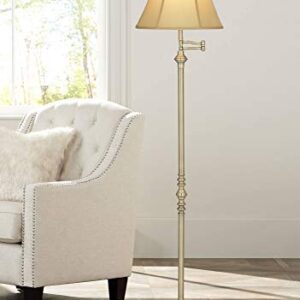 Regency Hill Montebello Traditional Adjustable Swing Arm Floor Lamp Standing 60" Tall Antique Brass Metal Column Golden Tan Bell Shade for Living Room Reading House Family Bedroom Home