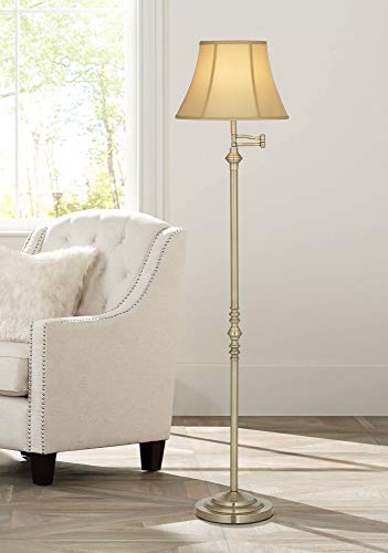 Regency Hill Montebello Traditional Adjustable Swing Arm Floor Lamp Standing 60" Tall Antique Brass Metal Column Golden Tan Bell Shade for Living Room Reading House Family Bedroom Home