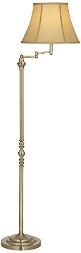 Regency Hill Montebello Traditional Adjustable Swing Arm Floor Lamp Standing 60" Tall Antique Brass Metal Column Golden Tan Bell Shade for Living Room Reading House Family Bedroom Home